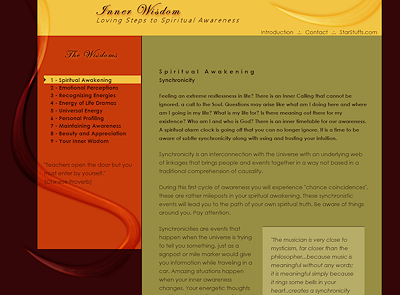 Inner Wisdom - Loving Steps to Spiritual Awareness promotes spiritual mental, emotional well-being. This website is currently undergoing construction. A sneek peek is shown here.